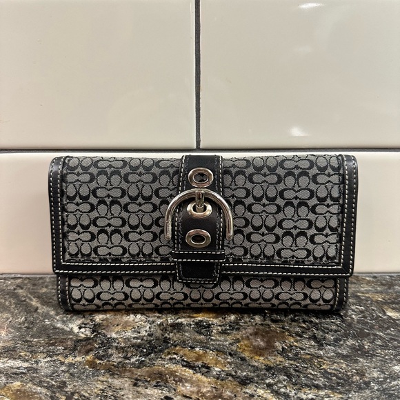 Coach Handbags - Coach Vintage Signature Monogram Long Trifold Wallet in Black